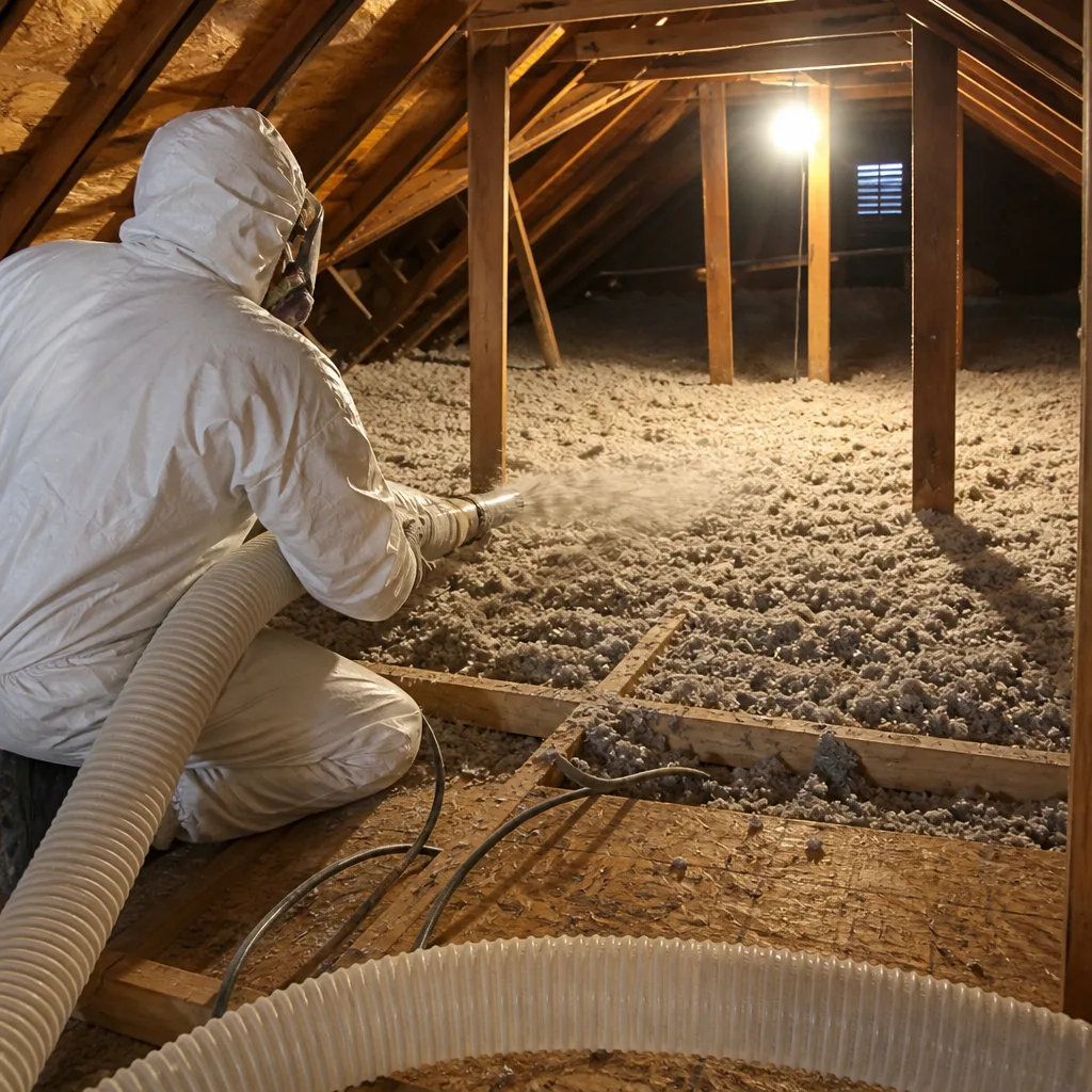Technician installing blown-in attic insulation with a professional blower hose