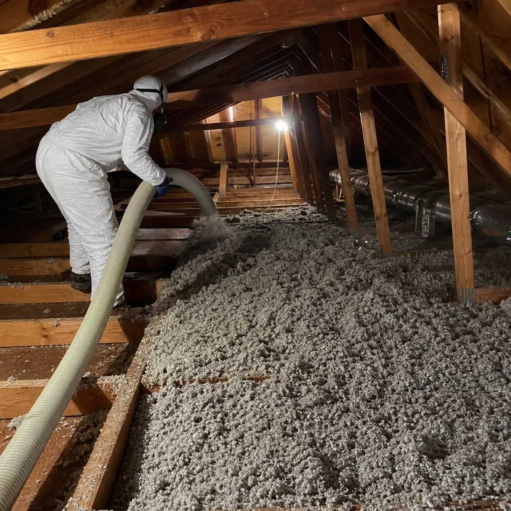Professional blowing insulation into an attic using a specialized hose