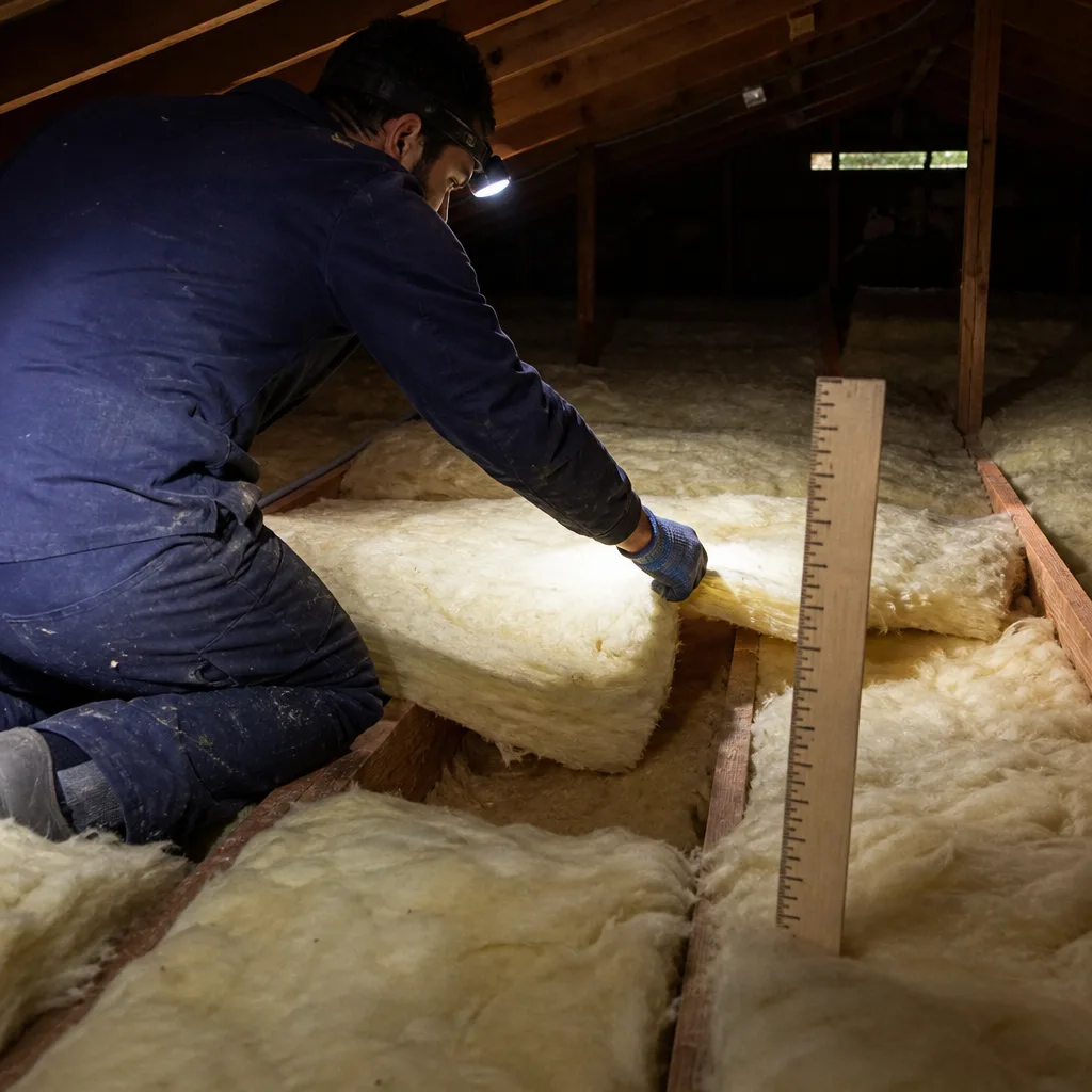 Professional technician installing yellow fiberglass attic insulation between wooden floor joists