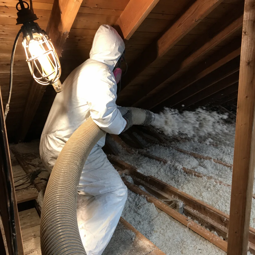 Professional insulation removal contractor cleaning attic crawl space with industrial equipment