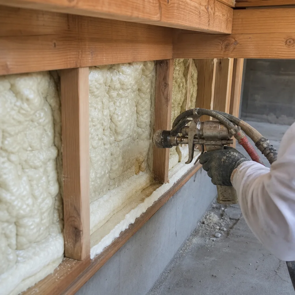 Professional applying spray foam insulation between wooden wall studs.