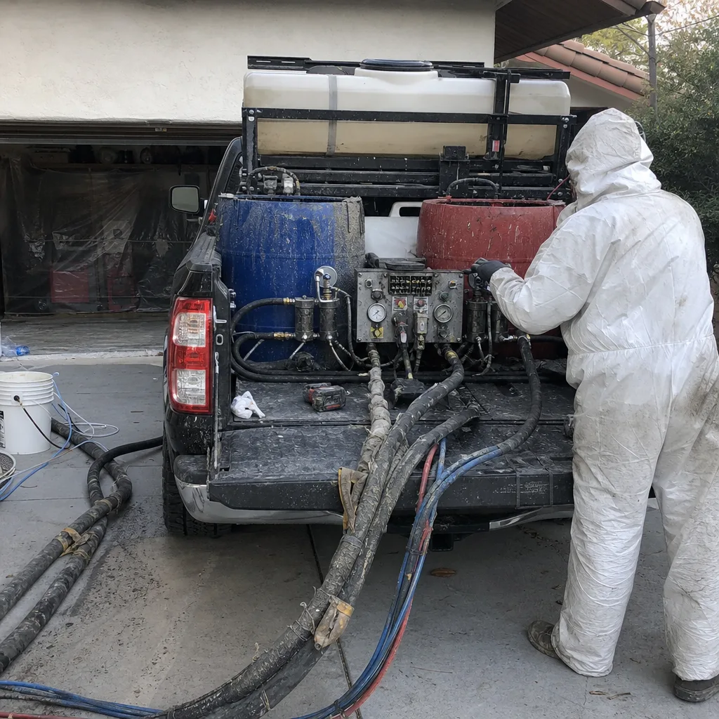 Technician operating professional spray foam insulation equipment from a truck bed